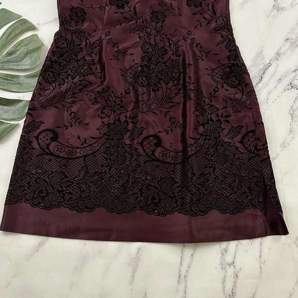 XOXO Womens Vintage Y2k Mini Dress Size 11 Burgundy Black Flocked Lace Print - Picture 4 of 9